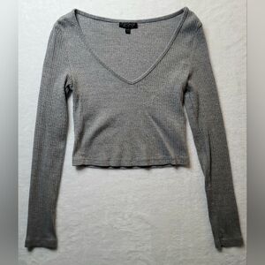 Topshop Ribbed Long Sleeve Crop Top Light Gray Size 4 Deep V Neck Slim Women's